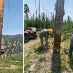 Idaho Power crews clearing poles and installing fire barrier.