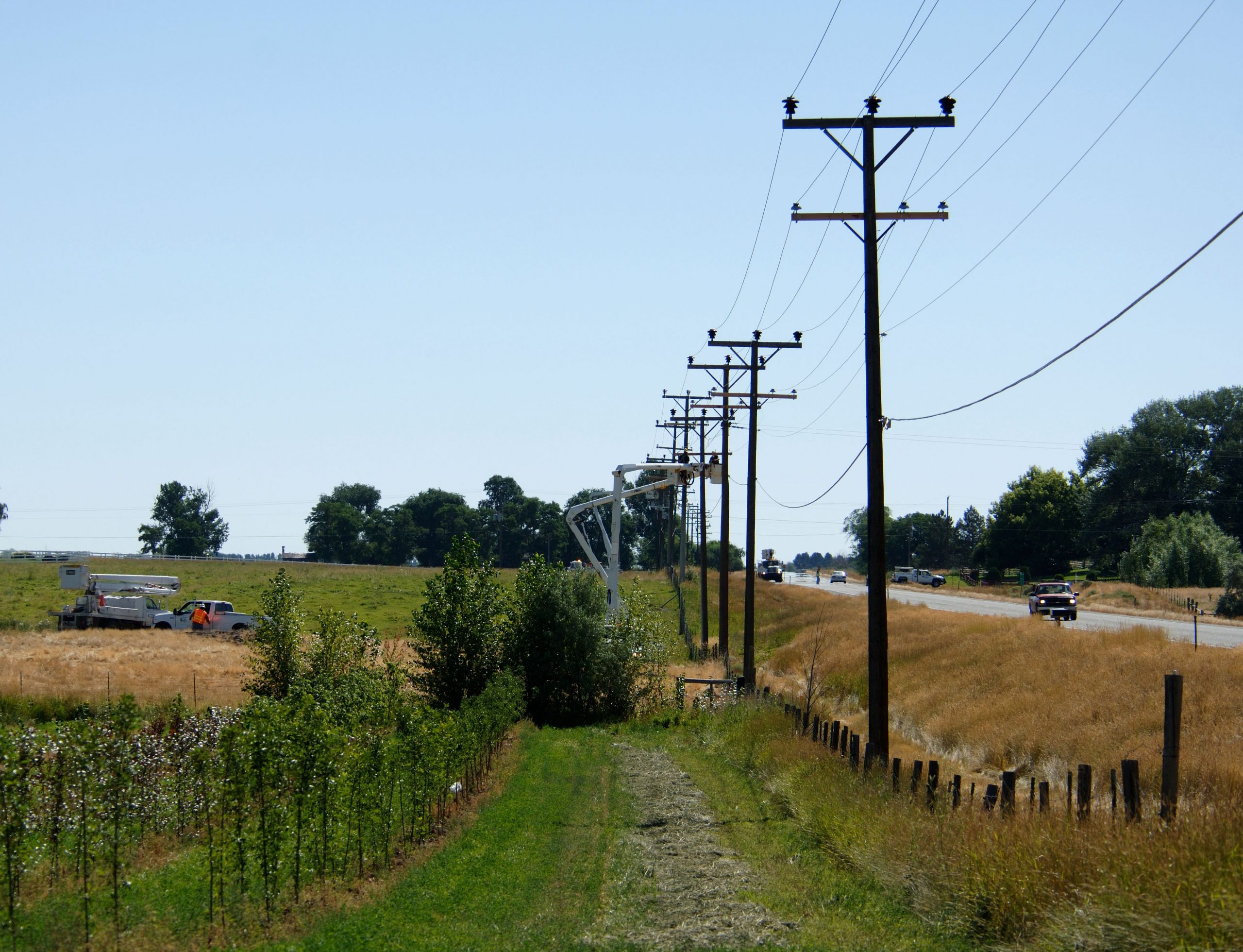 Lineman working on power lines in a rural area