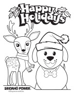 Image of a coloring page with a dog and a holiday reindeer on it