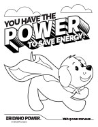 Image of a coloring page with a dog wearing a cape saying "you have the power to save" on it