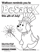 Image of a coloring page with a dog and fourth of July fireworks on it