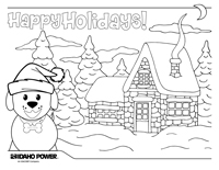 Image of a coloring page with a dog in front of a winter landscape on it