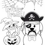 Image of a coloring page with a dog, cat and Halloween pumpkin on it