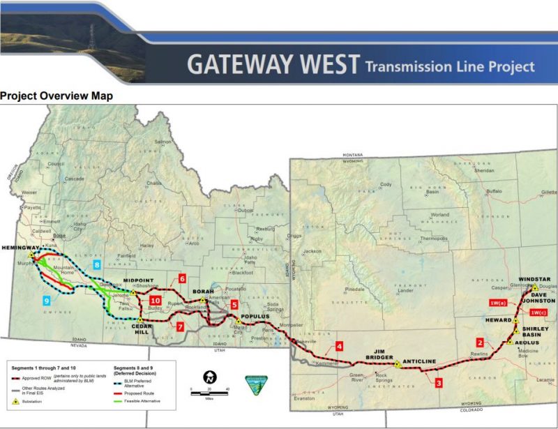 A map of the Gateway West route across southern Wyoming and southern Idaho, showing segments one through ten.