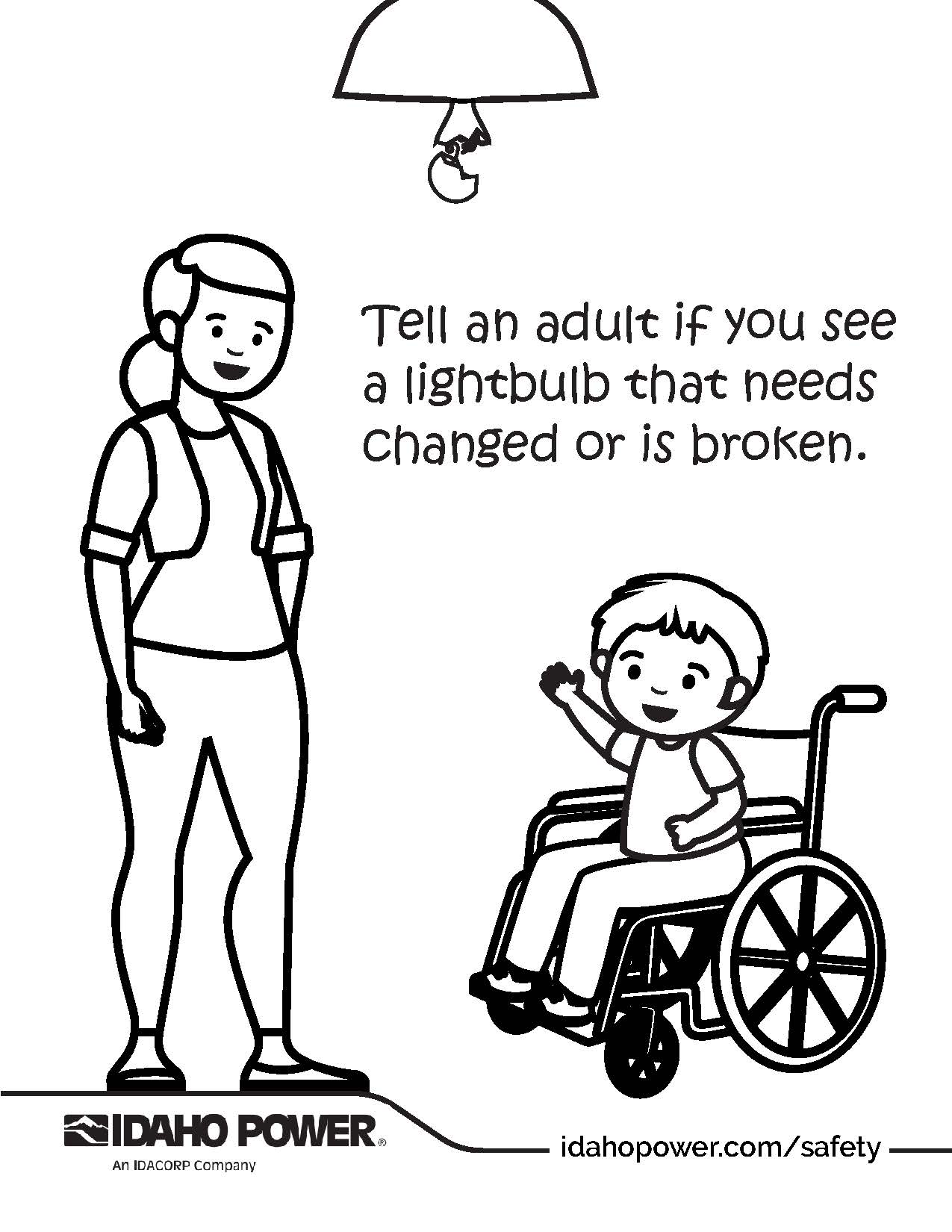 Coloring page of a boy and woman that says, Tell an adult if you see a lightbulb that needs changed or is broken