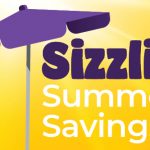 Shade umbrella over the words sizzlin' summer savings