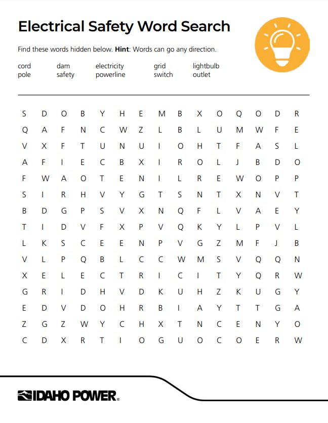 Image of electrical safety word search