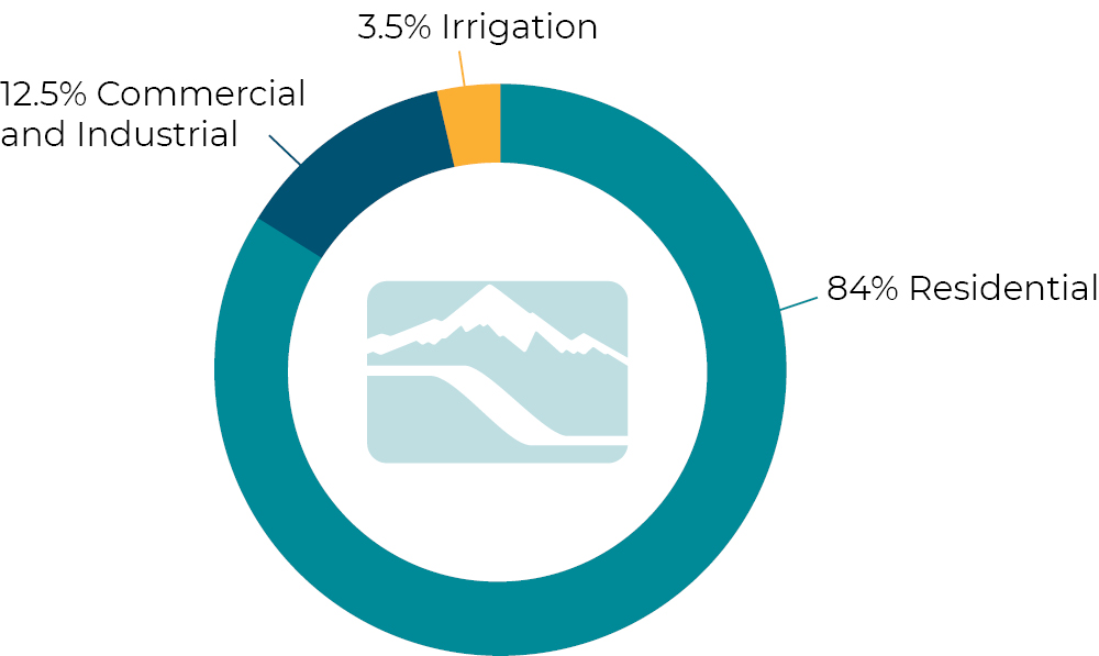 Chart showing customers by type, with 84% residential, 12.5% commercial and industrial, and 3.5% irrigation.