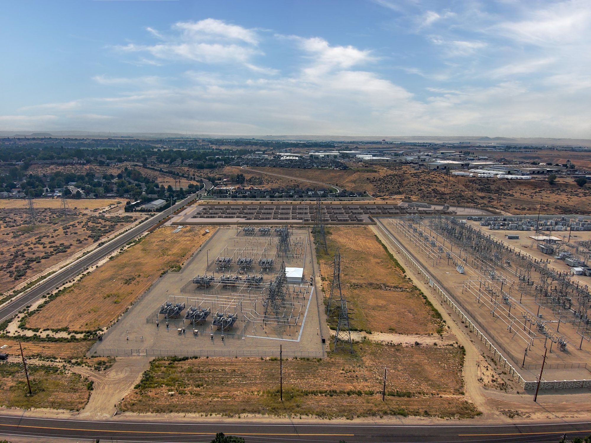 A simulated aerial view of the proposed Boise Bench Substation batteries from the north above Amity Road.