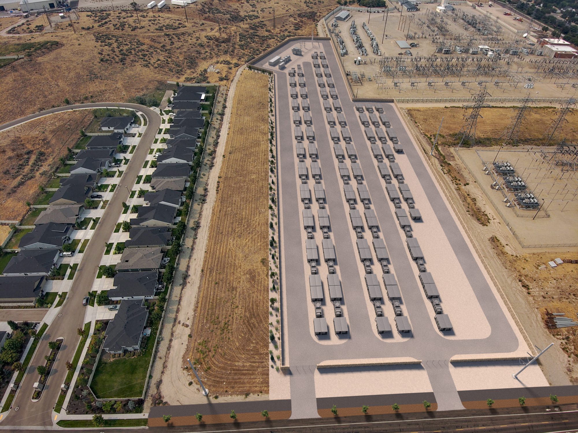 A simulated aerial view of the proposed Boise Bench Substation batteries from the east above Holcomb Road.