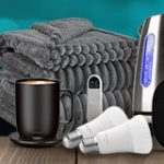 Image of a blanket, mug warmer, electric kettle, lightbulbs, and smart thermostat