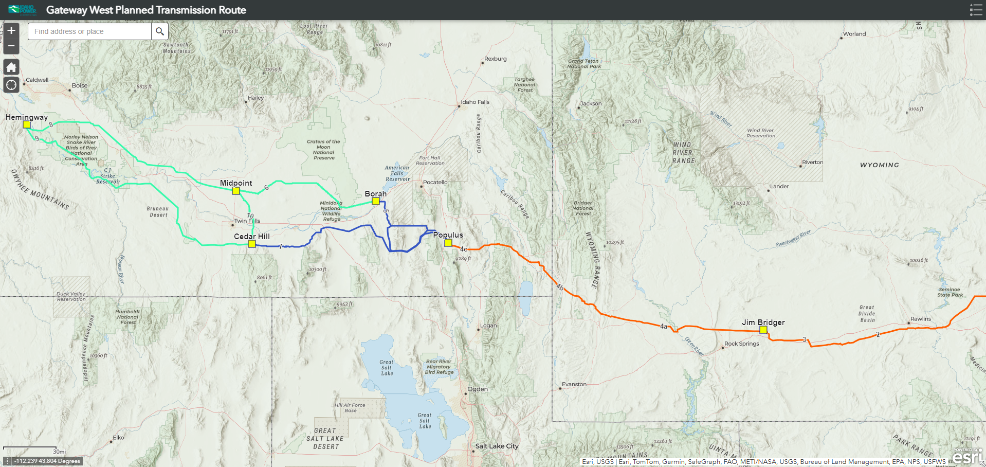 A map showing Gateway West's route across southern Idaho and southern Wyoming. Segments of the line are color-coded green, blue, and orange to show ownership.