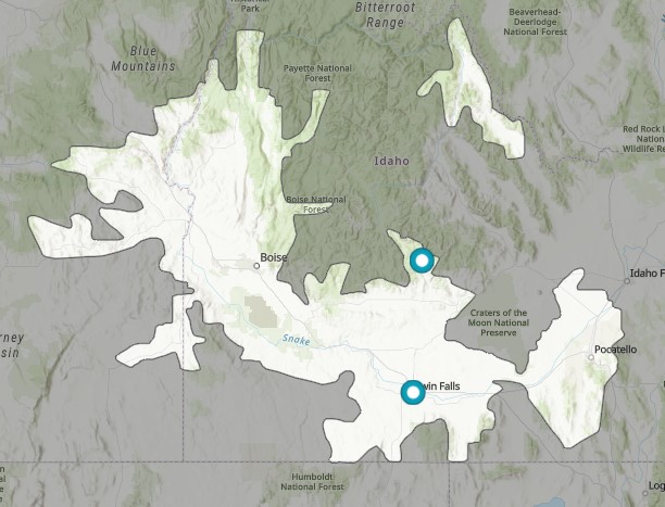 Screenshot of the outage map displaying two outages, one near Twin Falls and the other near Hailey