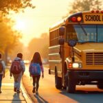 Children approaching a yellow school bus with early-morning sunrise in the background.