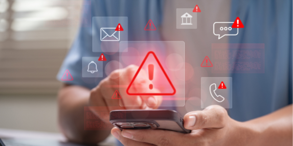 Person holding phone with a warning triangle coming out